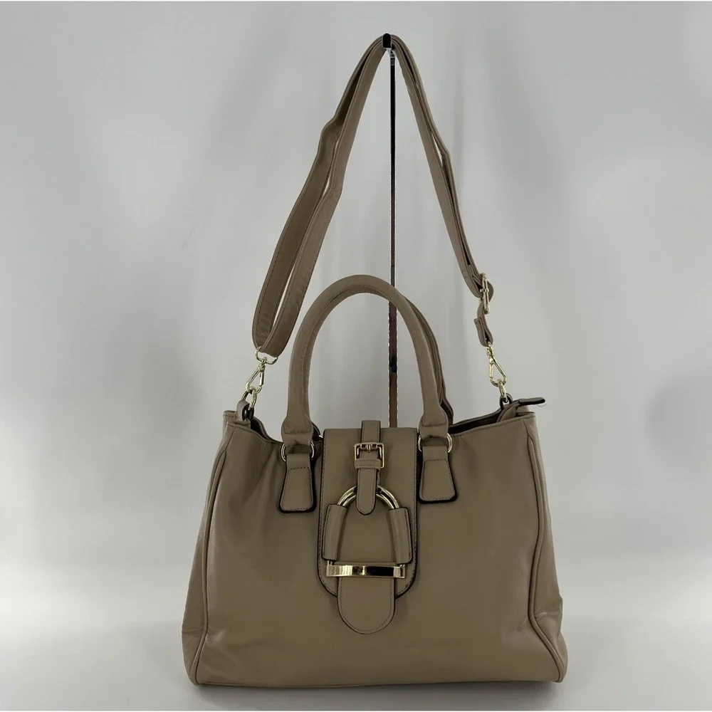 Large Charming Charlie Handbag Satchel Crossbody Tote Purse Tan Beige Taupe Gold